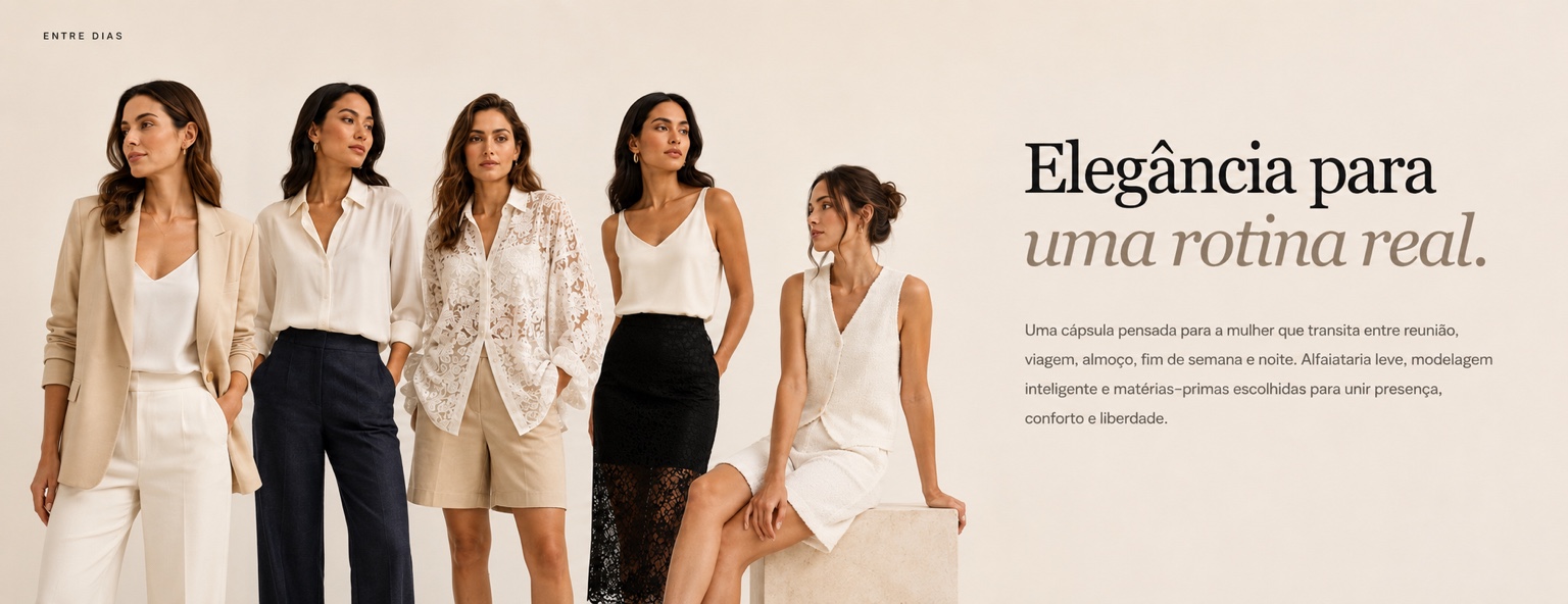 Entre Dias — cinco mulheres vestem peças da coleção Indiē Co. ao lado da frase: Elegância para uma rotina real. Uma cápsula pensada para unir presença, conforto e liberdade.