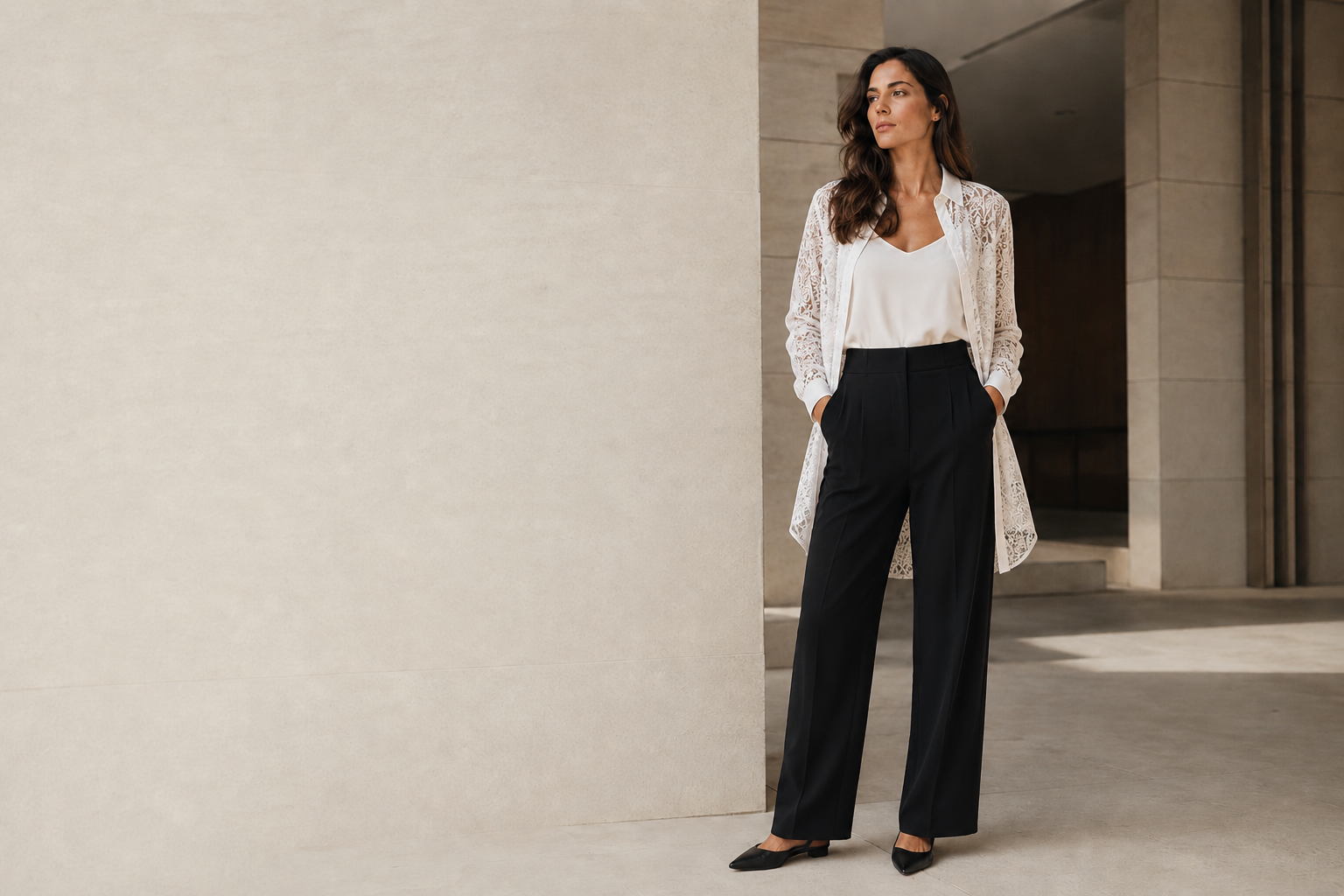Mulher usando Camisa Verona branca de renda e calça preta de alfaiataria em ambiente arquitetônico